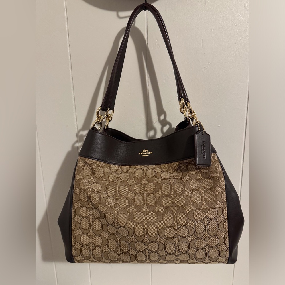 Coach Lexy Brown Leather Signature Jacquard Bag